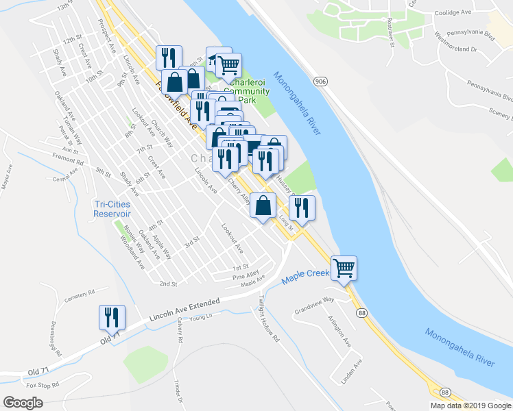map of restaurants, bars, coffee shops, grocery stores, and more near 227 Fallowfield Avenue in Charleroi