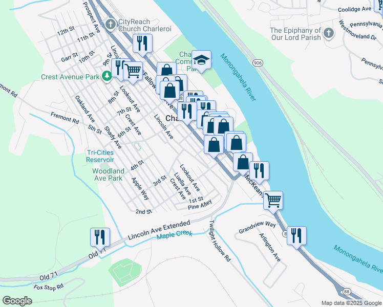 map of restaurants, bars, coffee shops, grocery stores, and more near 306 Lincoln Avenue in Charleroi