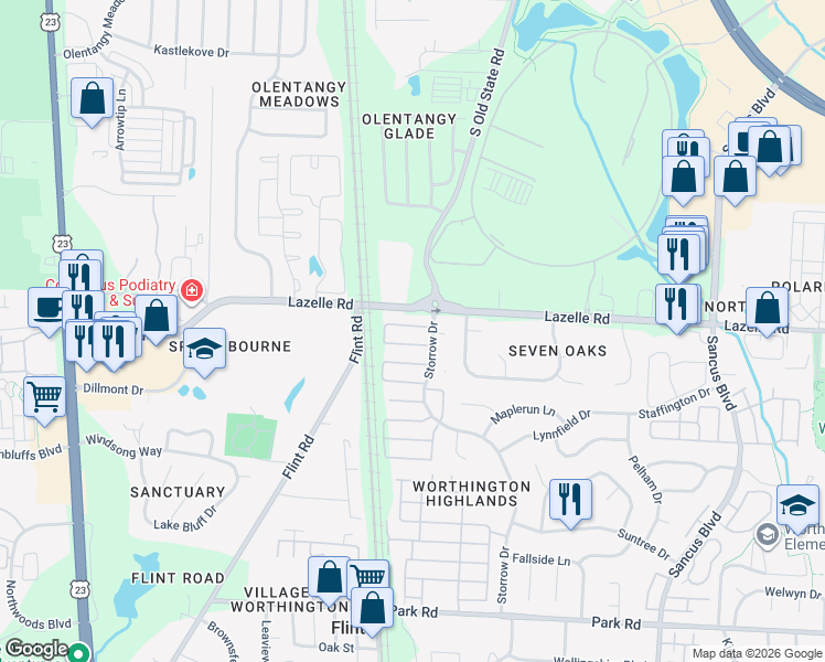 map of restaurants, bars, coffee shops, grocery stores, and more near 531 Ramonford Court in Westerville