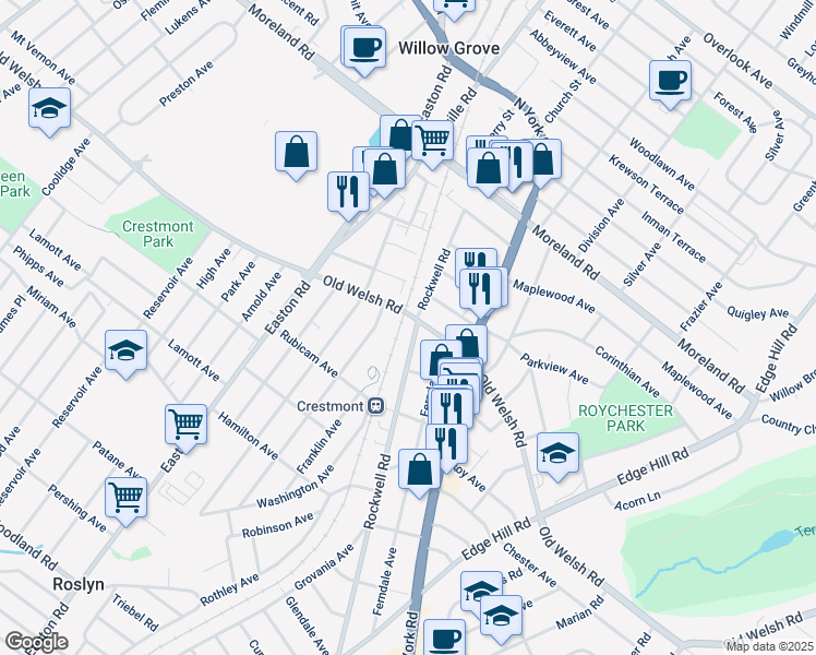map of restaurants, bars, coffee shops, grocery stores, and more near 1792 Rockwell Road in Abington