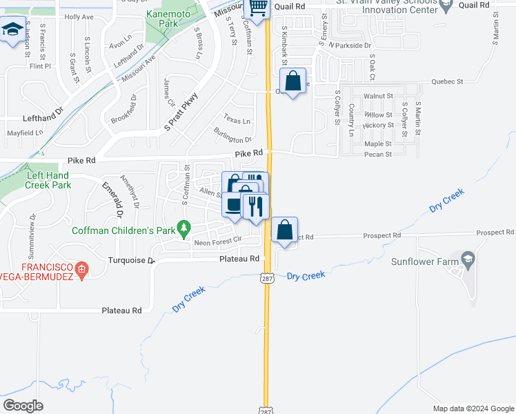map of restaurants, bars, coffee shops, grocery stores, and more near 1940 Ionosphere Street in Longmont