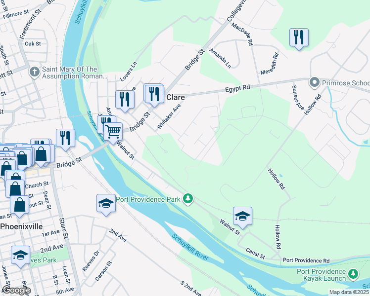 map of restaurants, bars, coffee shops, grocery stores, and more near in Phoenixville