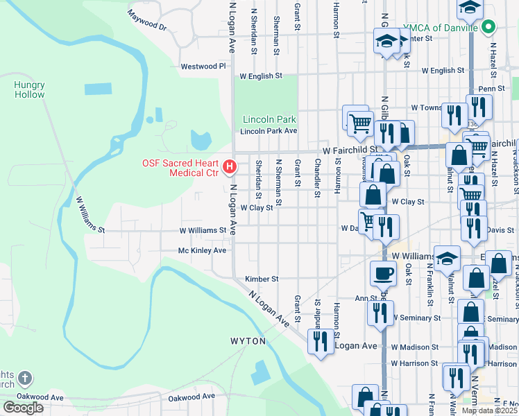 map of restaurants, bars, coffee shops, grocery stores, and more near 1000-1098 West Clay Street in Danville
