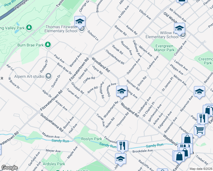 map of restaurants, bars, coffee shops, grocery stores, and more near 1366 Osbourne Avenue in Abington
