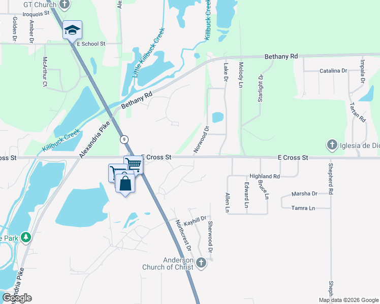 map of restaurants, bars, coffee shops, grocery stores, and more near 2017 Norwood Drive in Anderson