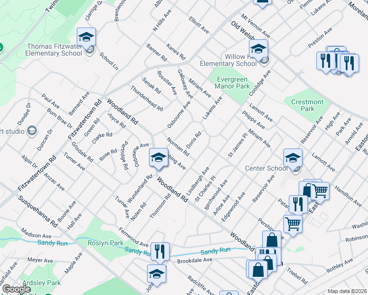 map of restaurants, bars, coffee shops, grocery stores, and more near 1422 Doris Road in Abington