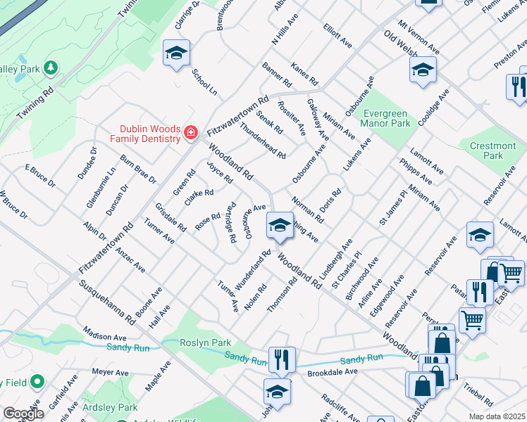 map of restaurants, bars, coffee shops, grocery stores, and more near 1389 Osbourne Avenue in Roslyn