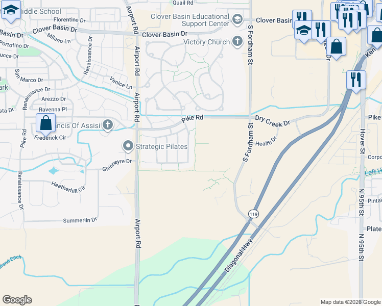 map of restaurants, bars, coffee shops, grocery stores, and more near 1908 Clover Creek Drive in Longmont