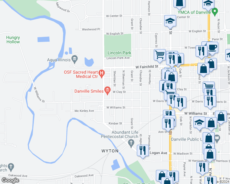 map of restaurants, bars, coffee shops, grocery stores, and more near 1000 West Clay Street in Danville