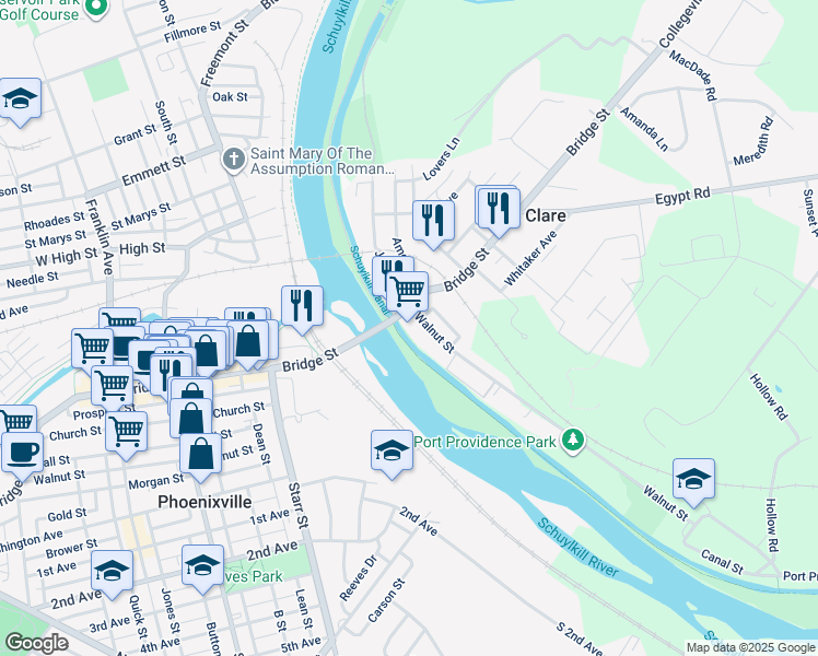 map of restaurants, bars, coffee shops, grocery stores, and more near 126 Bridge Street in Mont Clare