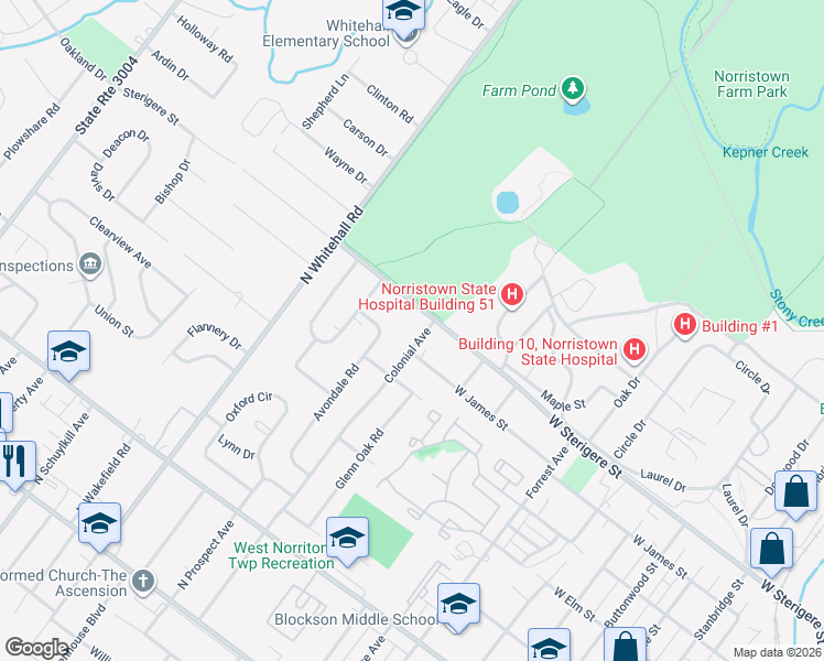 map of restaurants, bars, coffee shops, grocery stores, and more near 223 Colonial Avenue in Norristown