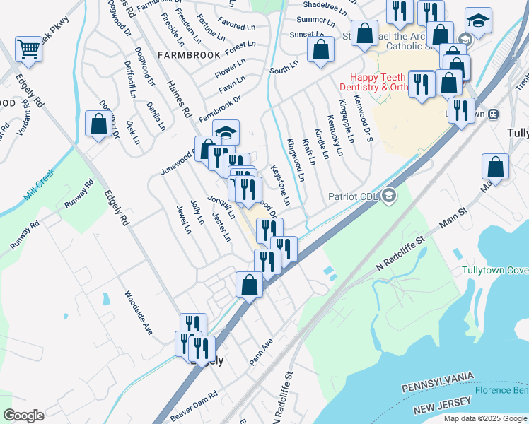 map of restaurants, bars, coffee shops, grocery stores, and more near 30 Kenwood Drive South in Levittown