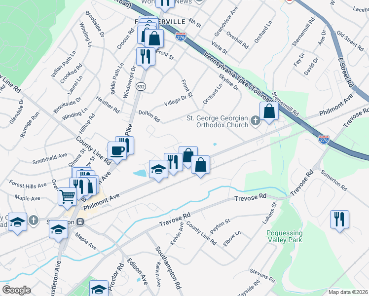map of restaurants, bars, coffee shops, grocery stores, and more near 12 Dukes Way in Feasterville-Trevose