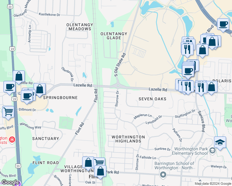 map of restaurants, bars, coffee shops, grocery stores, and more near 549 Ramonford Court in Westerville