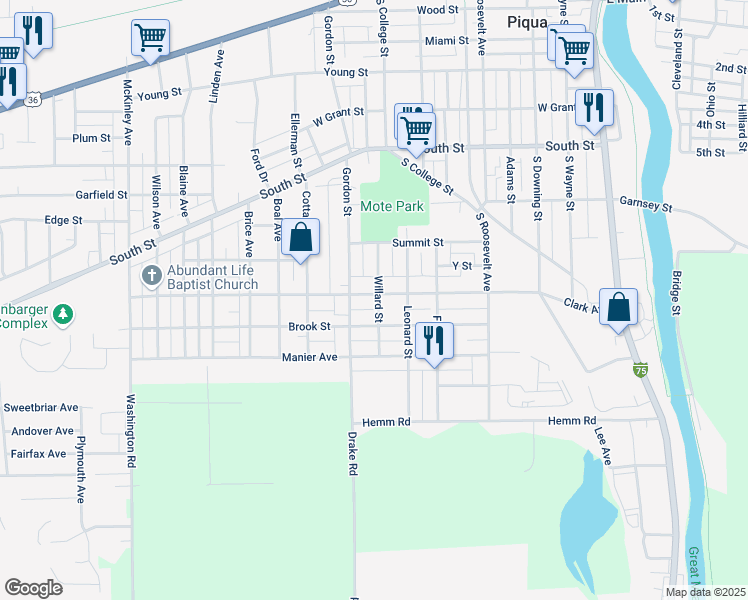 map of restaurants, bars, coffee shops, grocery stores, and more near 901 Clark Avenue in Piqua