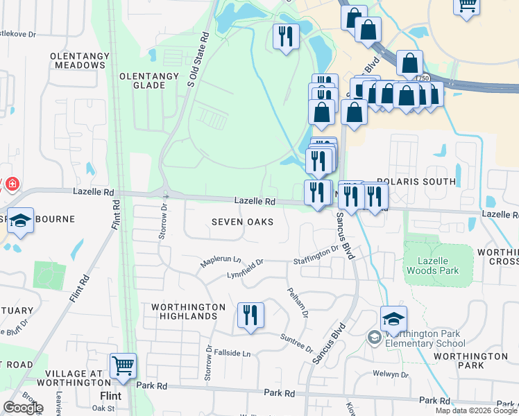 map of restaurants, bars, coffee shops, grocery stores, and more near 401 Lazelle Road in Westerville