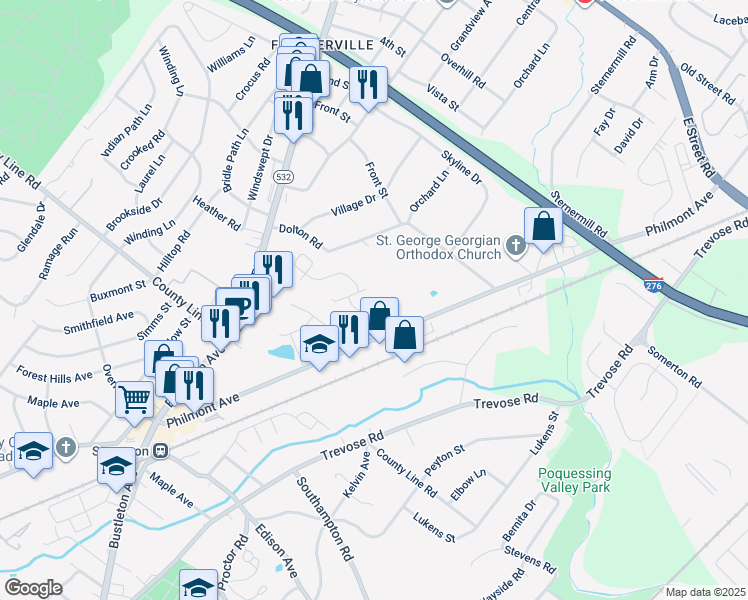 map of restaurants, bars, coffee shops, grocery stores, and more near 10 Dukes Way in Feasterville-Trevose