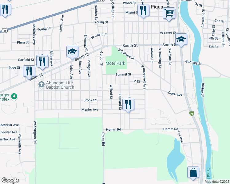 map of restaurants, bars, coffee shops, grocery stores, and more near 901 Clark Avenue in Piqua
