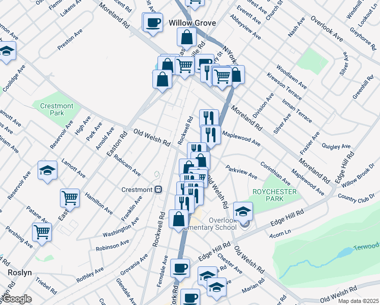 map of restaurants, bars, coffee shops, grocery stores, and more near 2125 Old Welsh Road in Abington