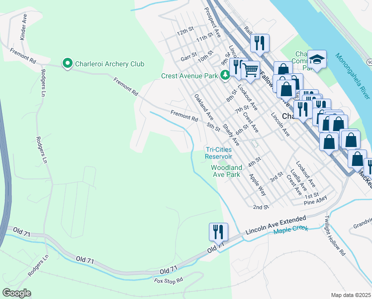 map of restaurants, bars, coffee shops, grocery stores, and more near 34 Cemetery Road in Charleroi