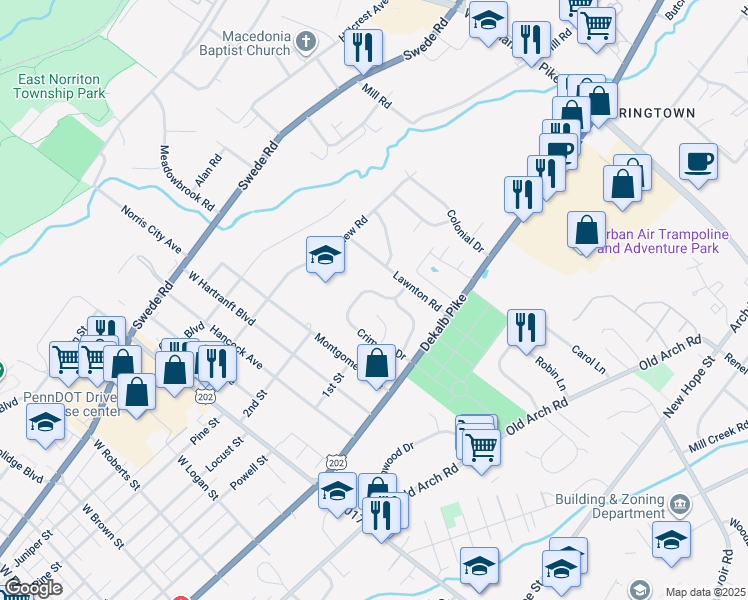 map of restaurants, bars, coffee shops, grocery stores, and more near 21 Crimson Drive in Norristown