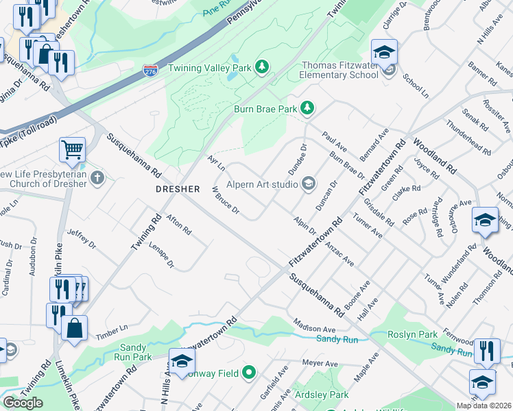 map of restaurants, bars, coffee shops, grocery stores, and more near 3204 Ayr Lane in Montgomery County