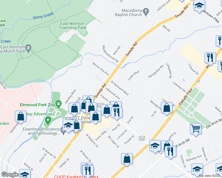 map of restaurants, bars, coffee shops, grocery stores, and more near 400 Hancock Avenue in Norristown