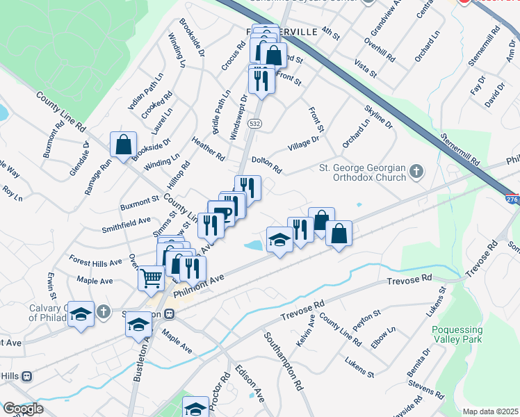 map of restaurants, bars, coffee shops, grocery stores, and more near 78 Lilly Drive in Feasterville-Trevose