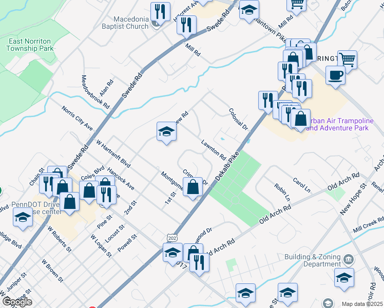map of restaurants, bars, coffee shops, grocery stores, and more near 21 Crimson Drive in Norristown