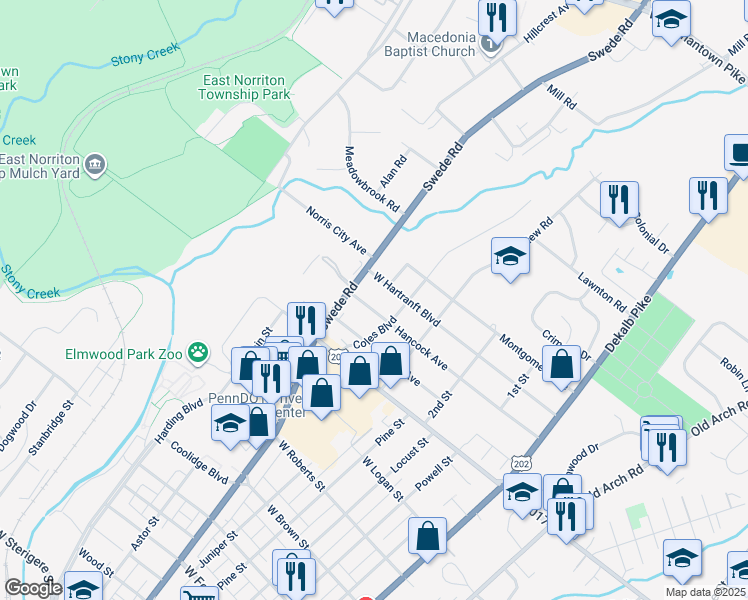 map of restaurants, bars, coffee shops, grocery stores, and more near 400 Hancock Avenue in Norristown