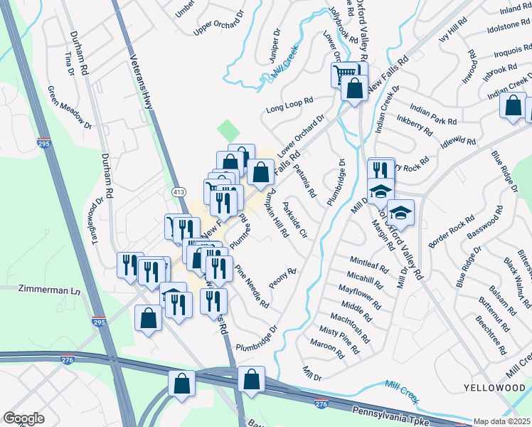map of restaurants, bars, coffee shops, grocery stores, and more near 49 Pumpkin Hill Road in Levittown