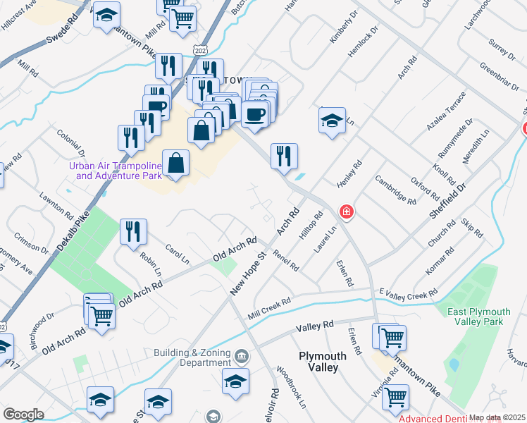 map of restaurants, bars, coffee shops, grocery stores, and more near 120 Susan Constant Court in Norristown