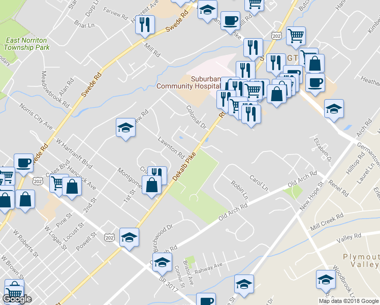 map of restaurants, bars, coffee shops, grocery stores, and more near 4 Merri Claude Drive in Norristown