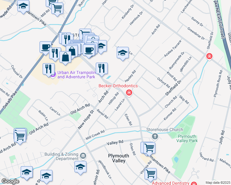 map of restaurants, bars, coffee shops, grocery stores, and more near 3 Hilltop Road in Plymouth Meeting