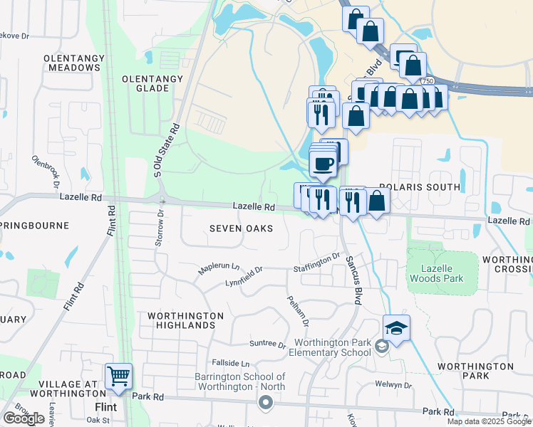 map of restaurants, bars, coffee shops, grocery stores, and more near 401 Lazelle Road in Westerville
