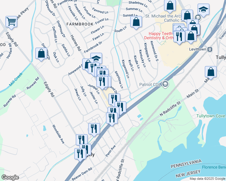 map of restaurants, bars, coffee shops, grocery stores, and more near 30 Kenwood Drive South in Levittown