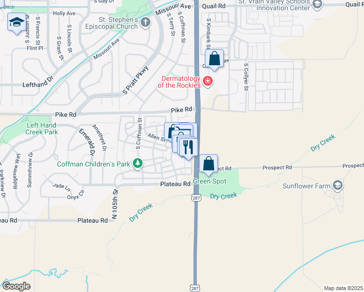 map of restaurants, bars, coffee shops, grocery stores, and more near 1940 Ionosphere Street in Longmont