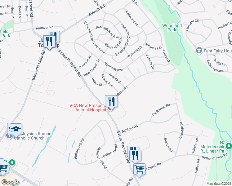 map of restaurants, bars, coffee shops, grocery stores, and more near 1 Albany Avenue in Jackson Township