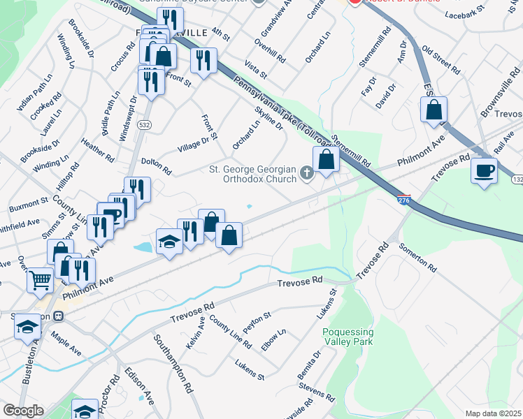 map of restaurants, bars, coffee shops, grocery stores, and more near 316 Philmont Avenue in Trevose