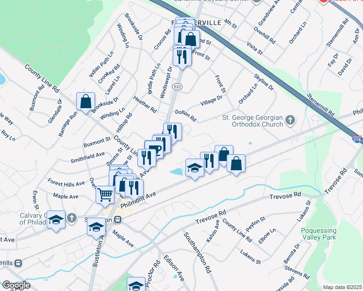 map of restaurants, bars, coffee shops, grocery stores, and more near 78 Lilly Drive in Feasterville-Trevose