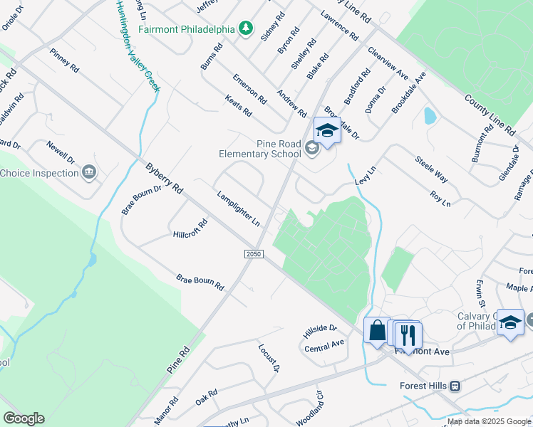 map of restaurants, bars, coffee shops, grocery stores, and more near 232 Coachlight Terrace in Huntingdon Valley