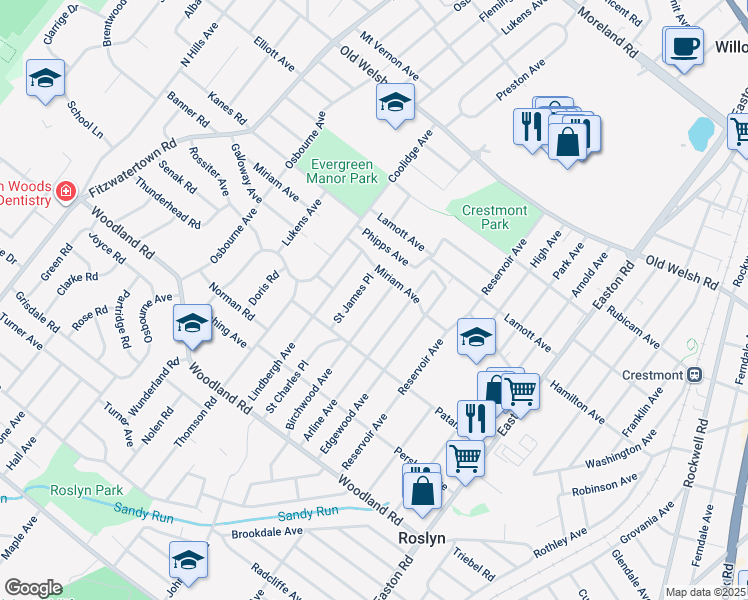 map of restaurants, bars, coffee shops, grocery stores, and more near 1548 Birchwood Avenue in Abington