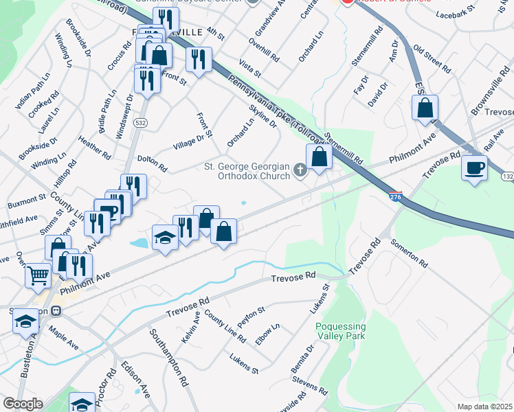 map of restaurants, bars, coffee shops, grocery stores, and more near 316 Philmont Avenue in Trevose