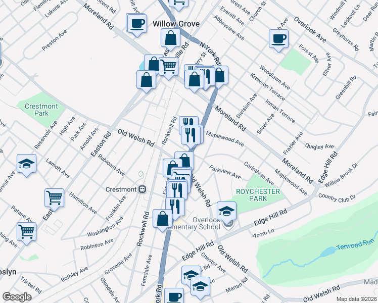 map of restaurants, bars, coffee shops, grocery stores, and more near 1829 Pennsylvania 611 in Willow Grove