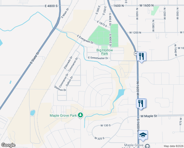 map of restaurants, bars, coffee shops, grocery stores, and more near East 2475 South in Springville