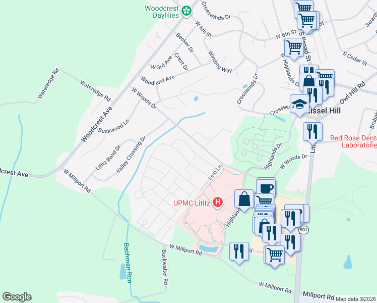 map of restaurants, bars, coffee shops, grocery stores, and more near 320 West Woods Drive in Lititz