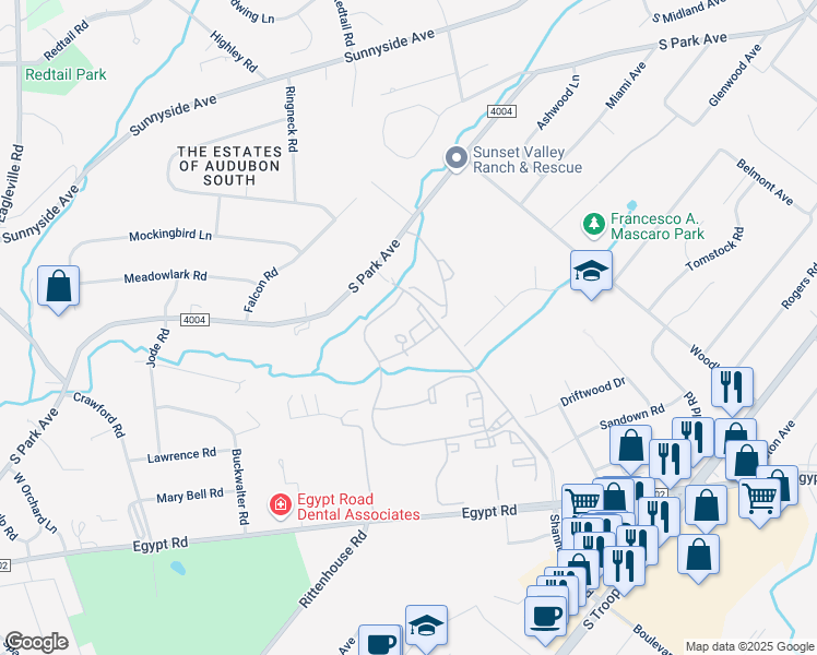 map of restaurants, bars, coffee shops, grocery stores, and more near 5000 Shannondell Drive in Audubon