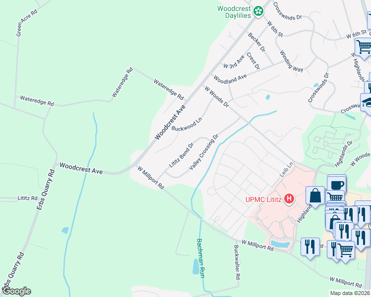 map of restaurants, bars, coffee shops, grocery stores, and more near 5 Oak Wood Lane in Lititz