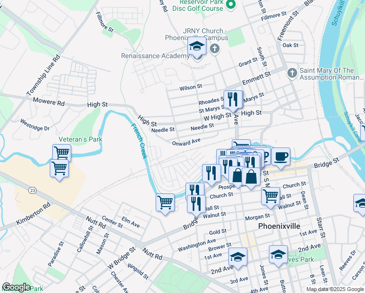 map of restaurants, bars, coffee shops, grocery stores, and more near 546 Onward Avenue in Phoenixville