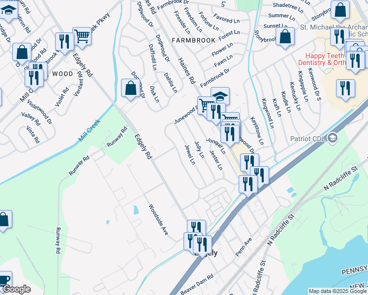 map of restaurants, bars, coffee shops, grocery stores, and more near 112 Junewood Drive in Levittown